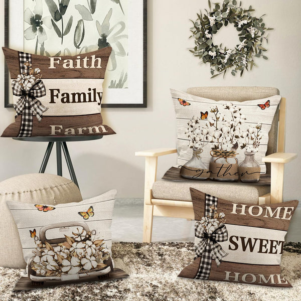Farmhouse Pillow Covers 18x18 Inch Set of 4 Home Sweet Home Brown Throw Pillow Covers Truck Stripes Buffalo Plaid