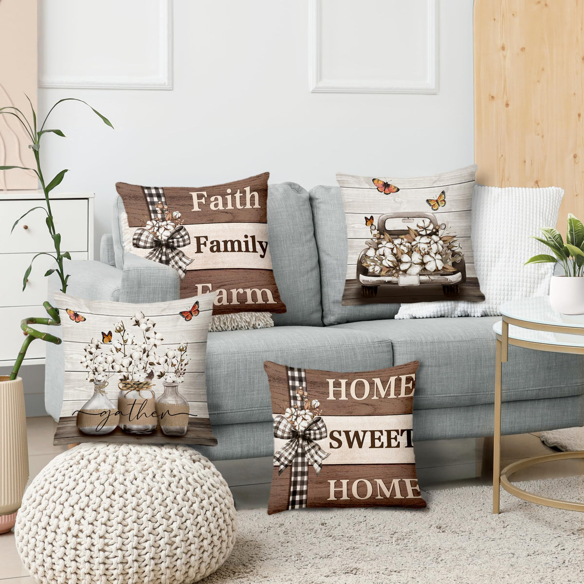 Farmhouse Pillow Covers 18x18 Inch Set of 4 Home Sweet Home Brown Throw Pillow Covers Truck Stripes Buffalo Plaid