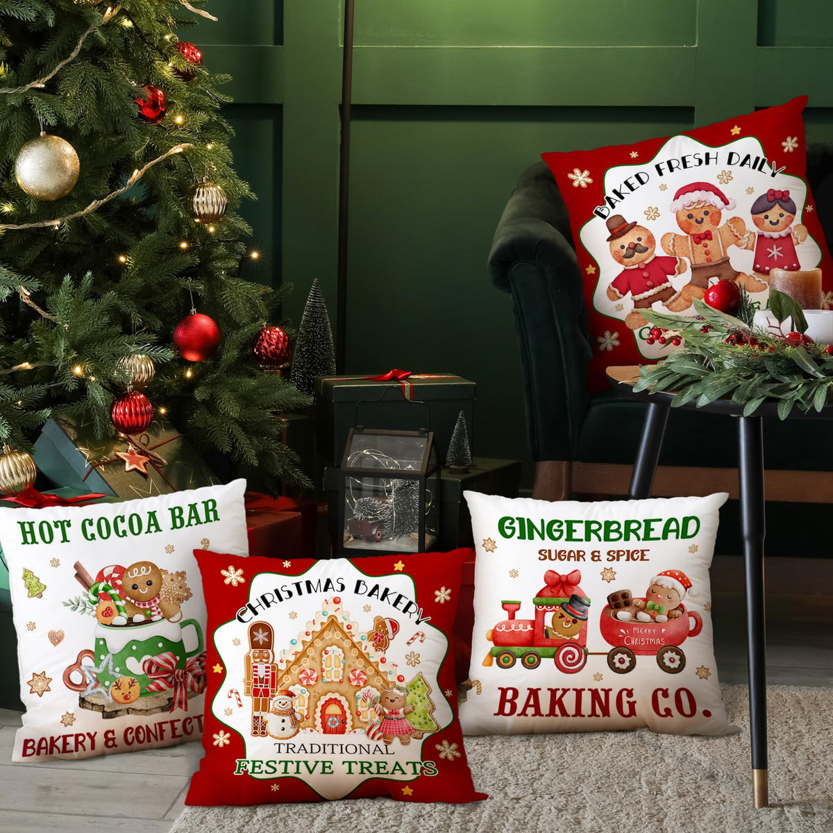 Christmas Gingerbread House Pillow Covers 18x18, Winter Xmas Gingerbread Man House Throw Pillow Covers Set of 4