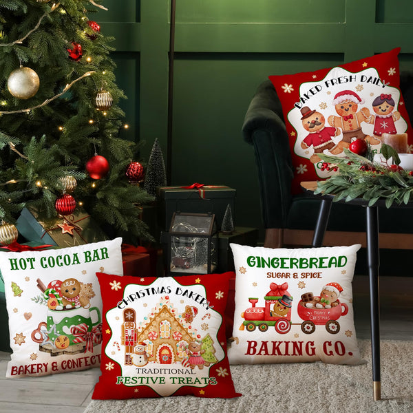 Christmas Gingerbread House Pillow Covers 18x18, Winter Xmas Gingerbread Man House Throw Pillow Covers Set of 4