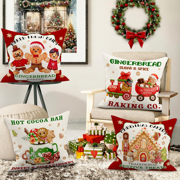 Christmas Gingerbread House Pillow Covers 18x18, Winter Xmas Gingerbread Man House Throw Pillow Covers Set of 4