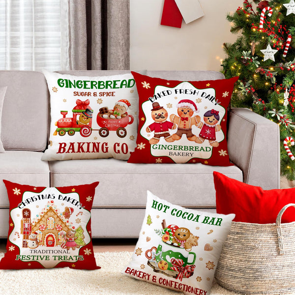 Christmas Gingerbread House Pillow Covers 18x18, Winter Xmas Gingerbread Man House Throw Pillow Covers Set of 4