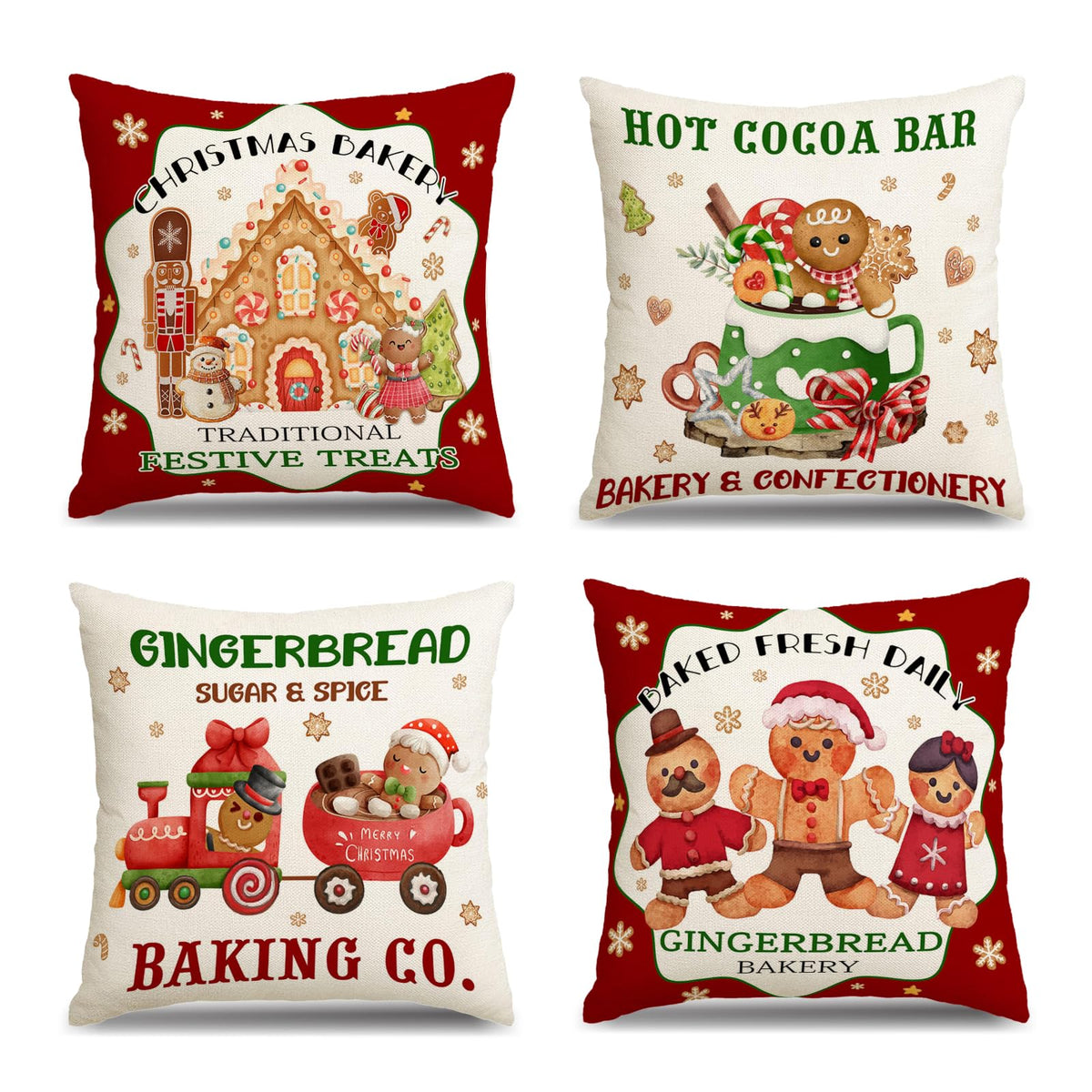 Christmas Gingerbread House Pillow Covers 18x18, Winter Xmas Gingerbread Man House Throw Pillow Covers Set of 4