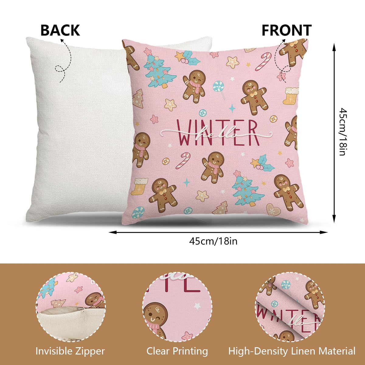 Christmas Gingerbread Man Pillow Covers 18x18, Winter Xmas Pink Gingerbread Man House Throw Pillow Covers Set of 4