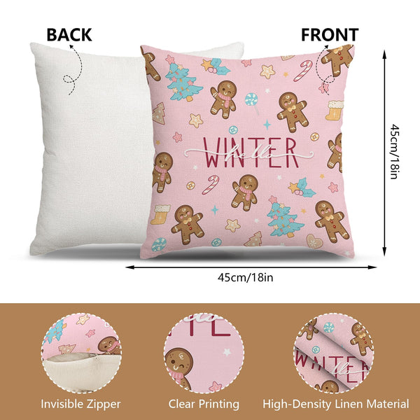Christmas Gingerbread Man Pillow Covers 18x18, Winter Xmas Pink Gingerbread Man House Throw Pillow Covers Set of 4