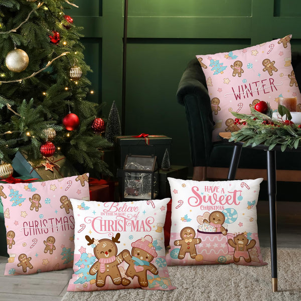 Christmas Gingerbread Man Pillow Covers 18x18, Winter Xmas Pink Gingerbread Man House Throw Pillow Covers Set of 4