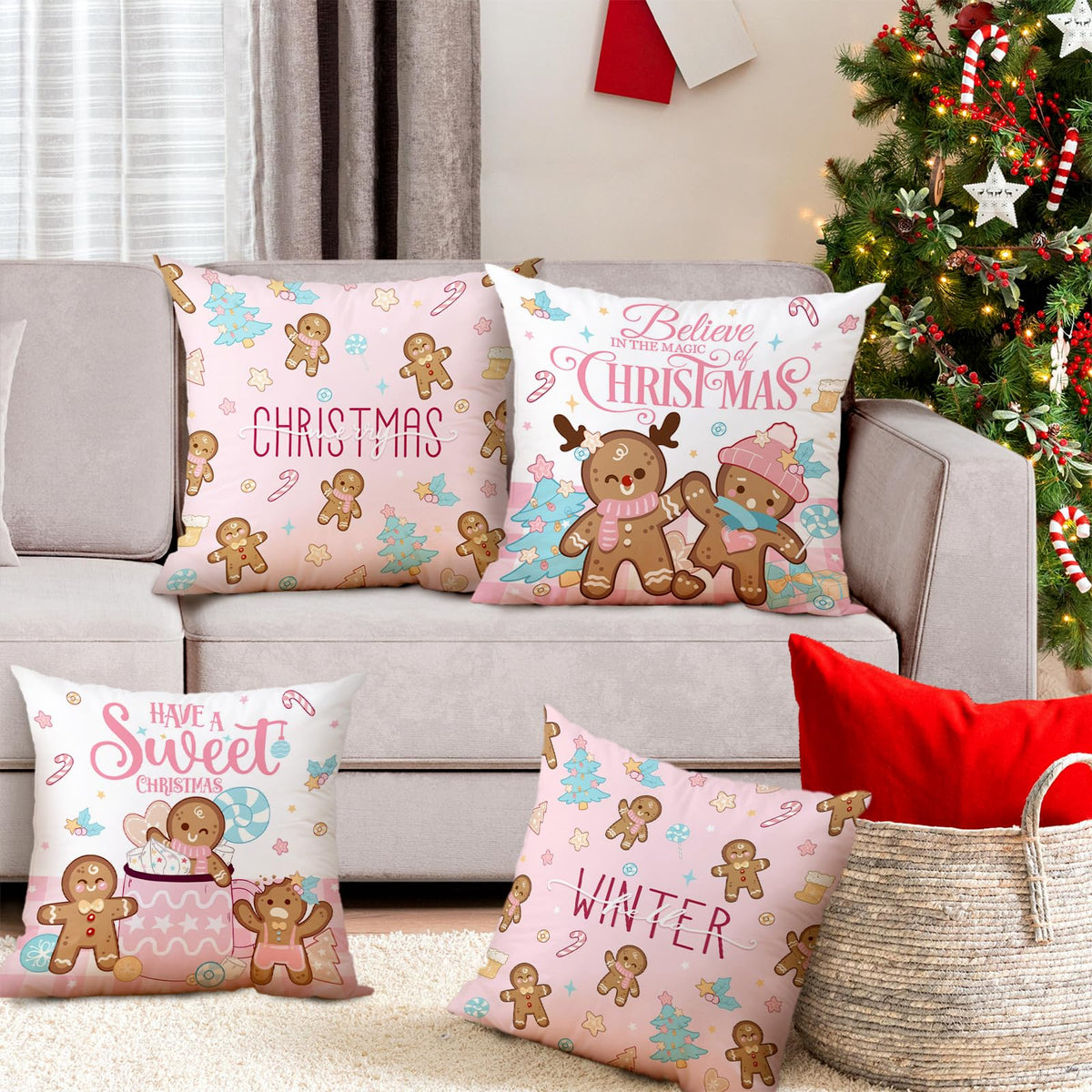 Christmas Gingerbread Man Pillow Covers 18x18, Winter Xmas Pink Gingerbread Man House Throw Pillow Covers Set of 4