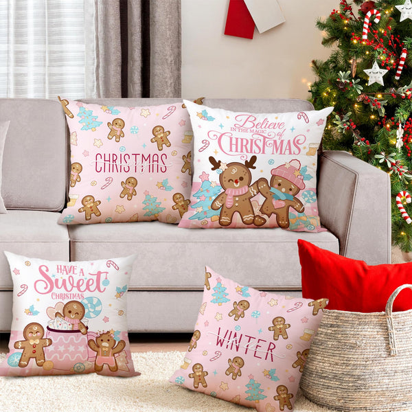 Christmas Gingerbread Man Pillow Covers 18x18, Winter Xmas Pink Gingerbread Man House Throw Pillow Covers Set of 4