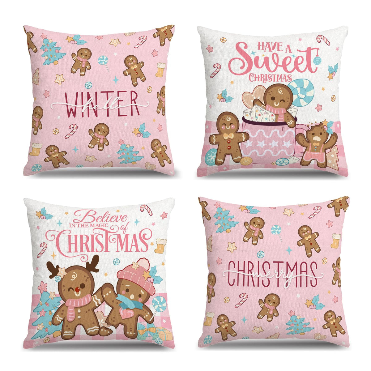 Christmas Gingerbread Man Pillow Covers 18x18, Winter Xmas Pink Gingerbread Man House Throw Pillow Covers Set of 4