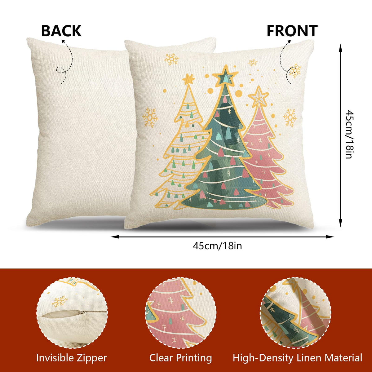 Pink Christmas Throw Pillow Covers 18x18 Set of 4 Green Winter Christmas Trees Snowman Reindeer
