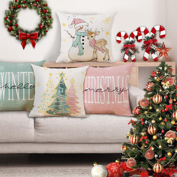 Pink Christmas Throw Pillow Covers 18x18 Set of 4 Green Winter Christmas Trees Snowman Reindeer