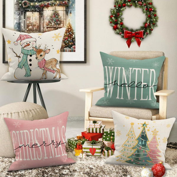 Pink Christmas Throw Pillow Covers 18x18 Set of 4 Green Winter Christmas Trees Snowman Reindeer