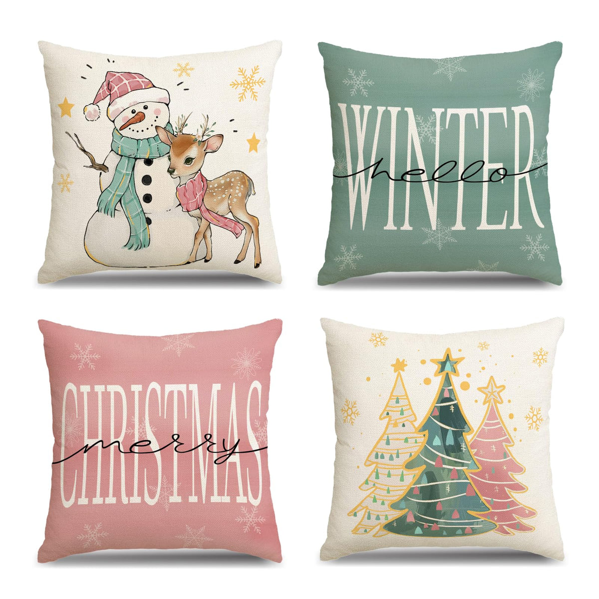 Pink Christmas Throw Pillow Covers 18x18 Set of 4 Green Winter Christmas Trees Snowman Reindeer