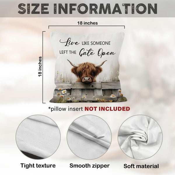 Highland Cow Farmhouse Throw Pillow Covers 18x18, Live Like Someone Left The Gate Open Decor Pillow Cases