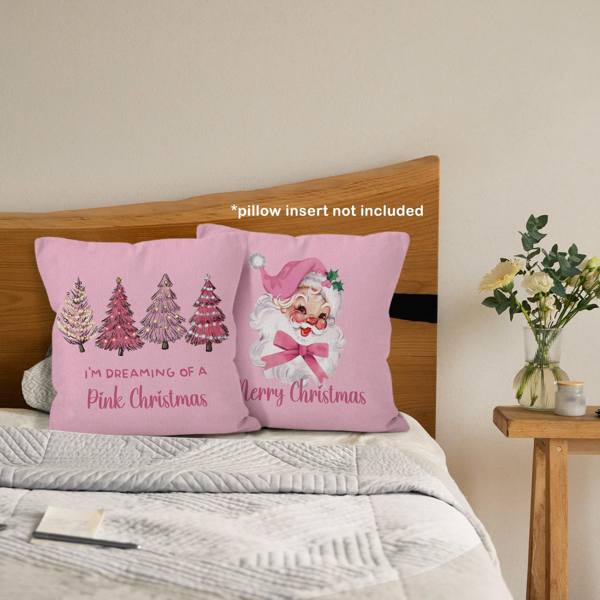 Pink Merry Christmas Tree Santa Claus Throw Pillow Covers 18x18 Set of 2, I'm Dreaming of a Pink Christmas Decor