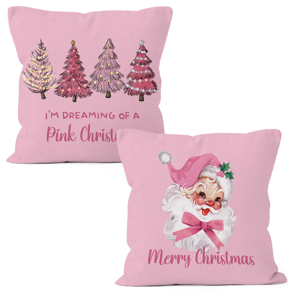 Pink Merry Christmas Tree Santa Claus Throw Pillow Covers 18x18 Set of 2, I'm Dreaming of a Pink Christmas Decor