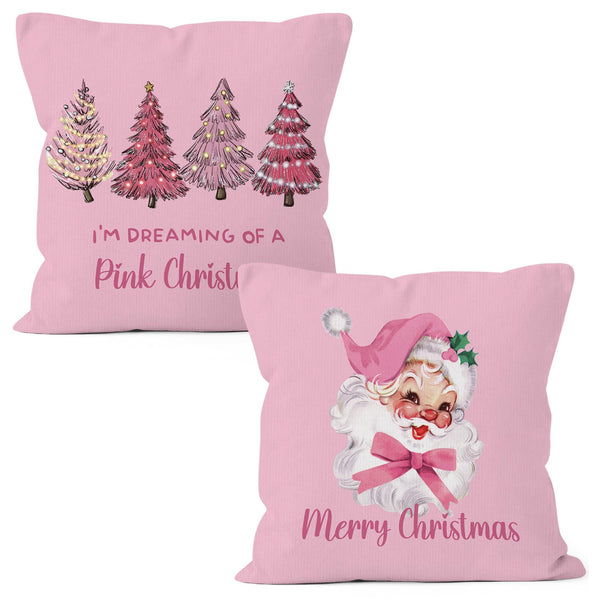 Pink Merry Christmas Tree Santa Claus Throw Pillow Covers 18x18 Set of 2, I'm Dreaming of a Pink Christmas Decor
