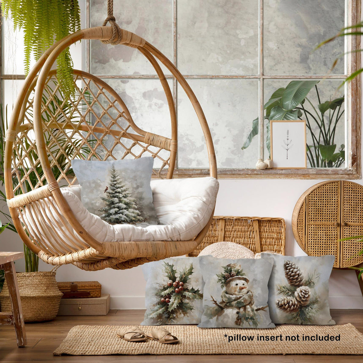 Rustic Winter Christmas Throw Pillow Covers 18x18 Set of 4, Pine Cones Snowman Cardinal Home Decor