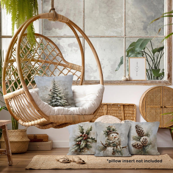 Rustic Winter Christmas Throw Pillow Covers 18x18 Set of 4, Pine Cones Snowman Cardinal Home Decor