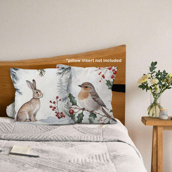 Winter Christmas Woodland Animals Throw Pillow Covers 18x18 Set of 4, Hare Rabbit Bird Cardinal Fox Decor