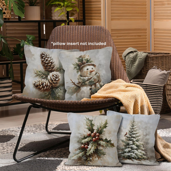 Rustic Winter Christmas Throw Pillow Covers 18x18 Set of 4, Pine Cones Snowman Cardinal Home Decor