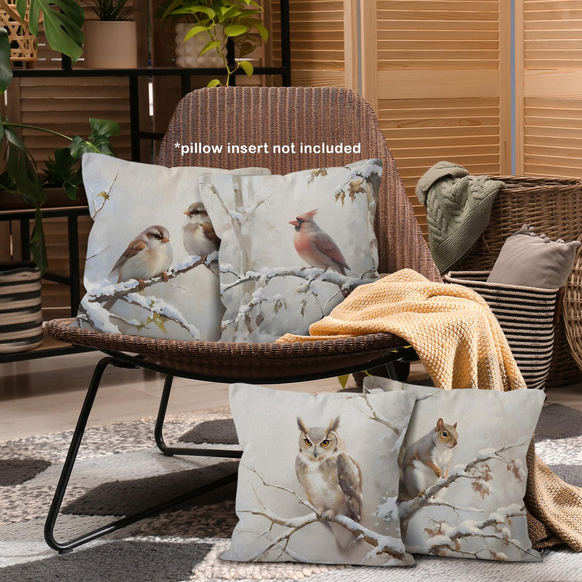 Winter Forest Bird Cardinal Throw Pillow Covers 18x18 Set of 4, Sparrow Squirrel Owl Decor Pillow Cases
