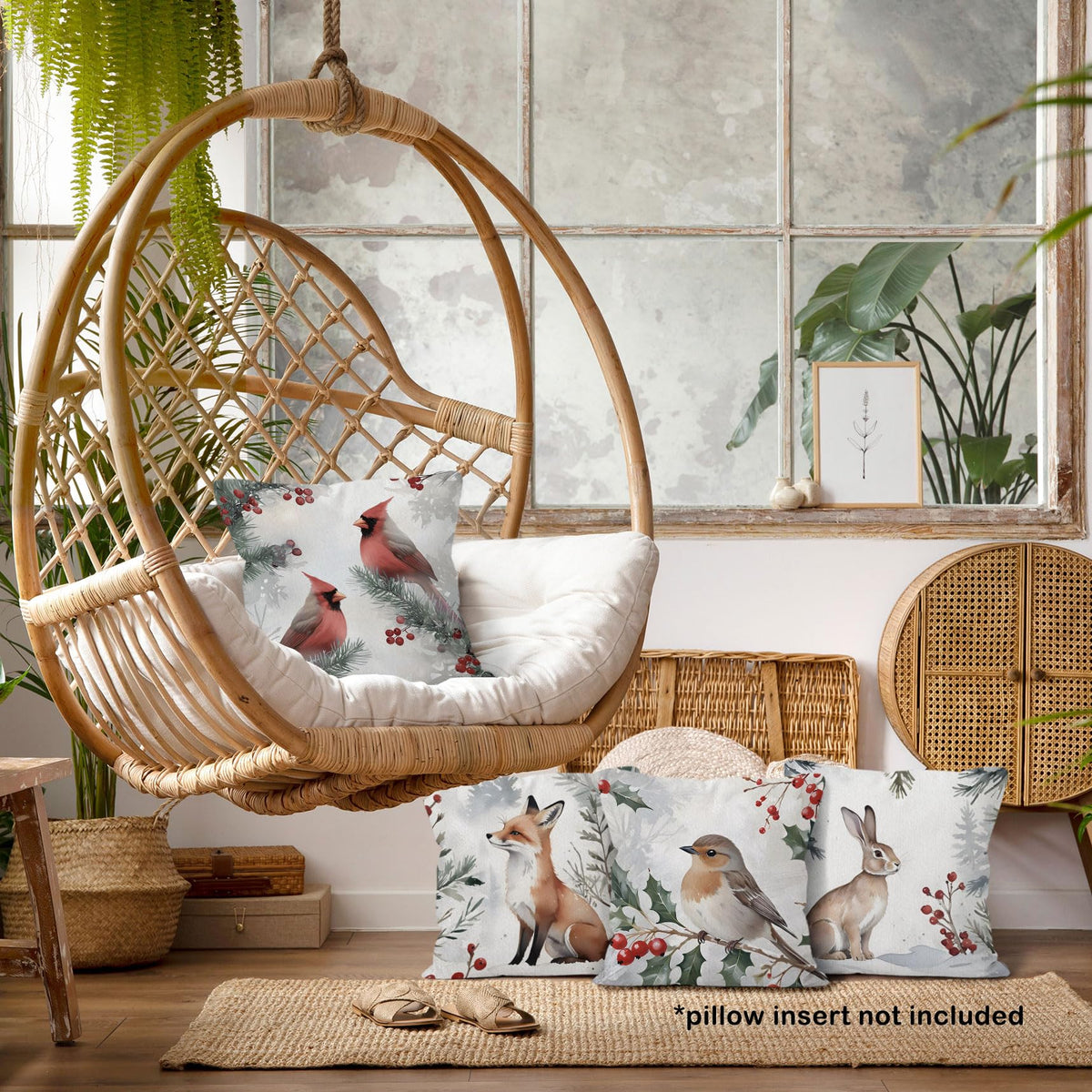 Winter Christmas Woodland Animals Throw Pillow Covers 18x18 Set of 4, Hare Rabbit Bird Cardinal Fox Decor