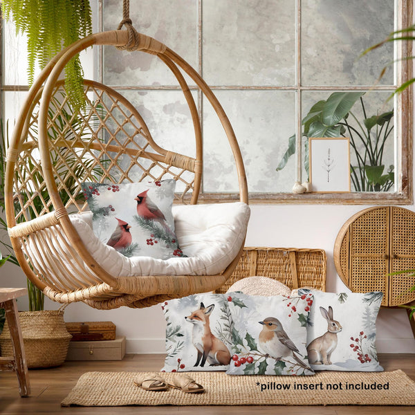 Winter Christmas Woodland Animals Throw Pillow Covers 18x18 Set of 4, Hare Rabbit Bird Cardinal Fox Decor