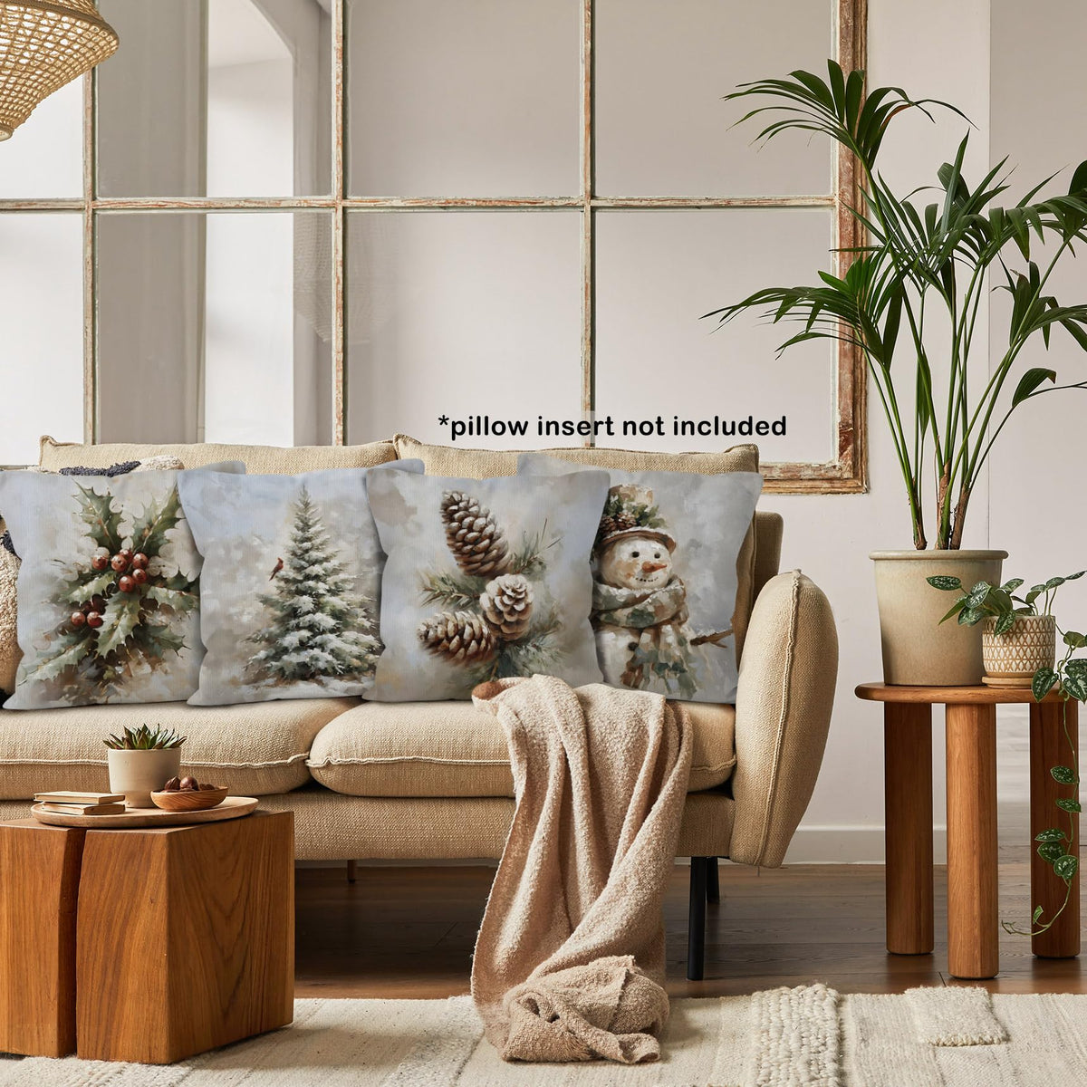 Rustic Winter Christmas Throw Pillow Covers 18x18 Set of 4, Pine Cones Snowman Cardinal Home Decor