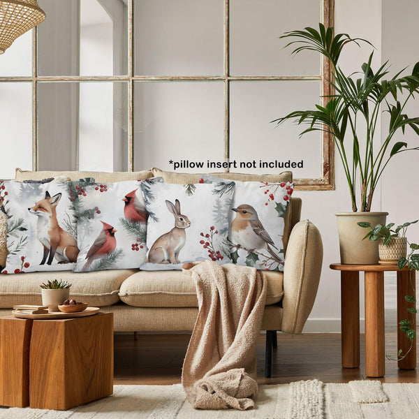 Winter Christmas Woodland Animals Throw Pillow Covers 18x18 Set of 4, Hare Rabbit Bird Cardinal Fox Decor