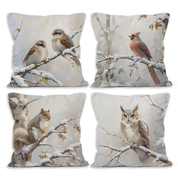 Winter Forest Bird Cardinal Throw Pillow Covers 18x18 Set of 4, Sparrow Squirrel Owl Decor Pillow Cases