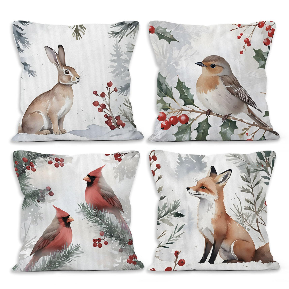 Winter Christmas Woodland Animals Throw Pillow Covers 18x18 Set of 4, Hare Rabbit Bird Cardinal Fox Decor