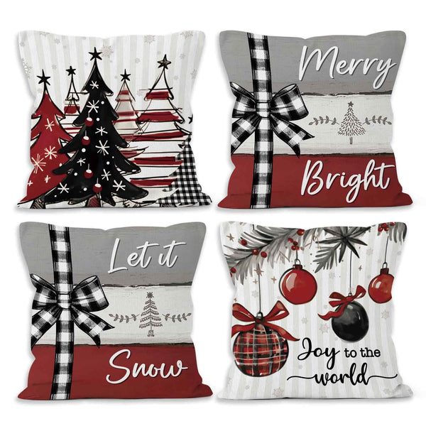 Red Winter Christmas Throw Pillow Covers 18x18 Set of 4, Merry and Bright Let It Snow Home Decor