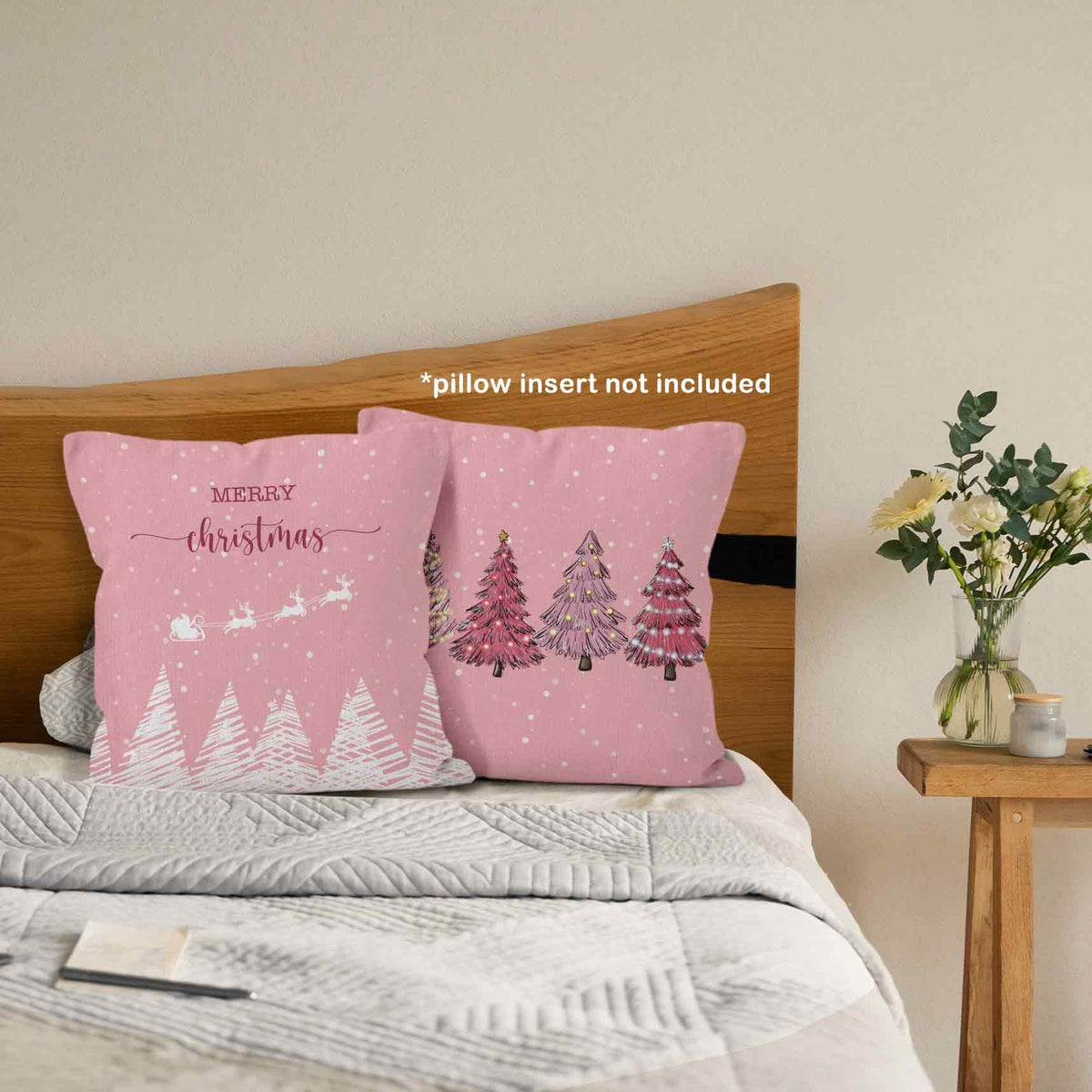 Pink Winter Christmas Throw Pillow Covers 18x18 Set of 4, Christmas Tree Santa Claus Home Decor Pillow Case