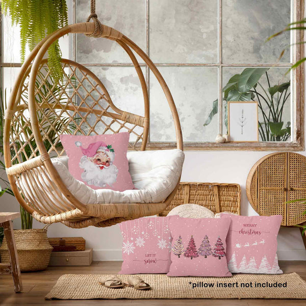 Pink Winter Christmas Throw Pillow Covers 18x18 Set of 4, Christmas Tree Santa Claus Home Decor Pillow Case