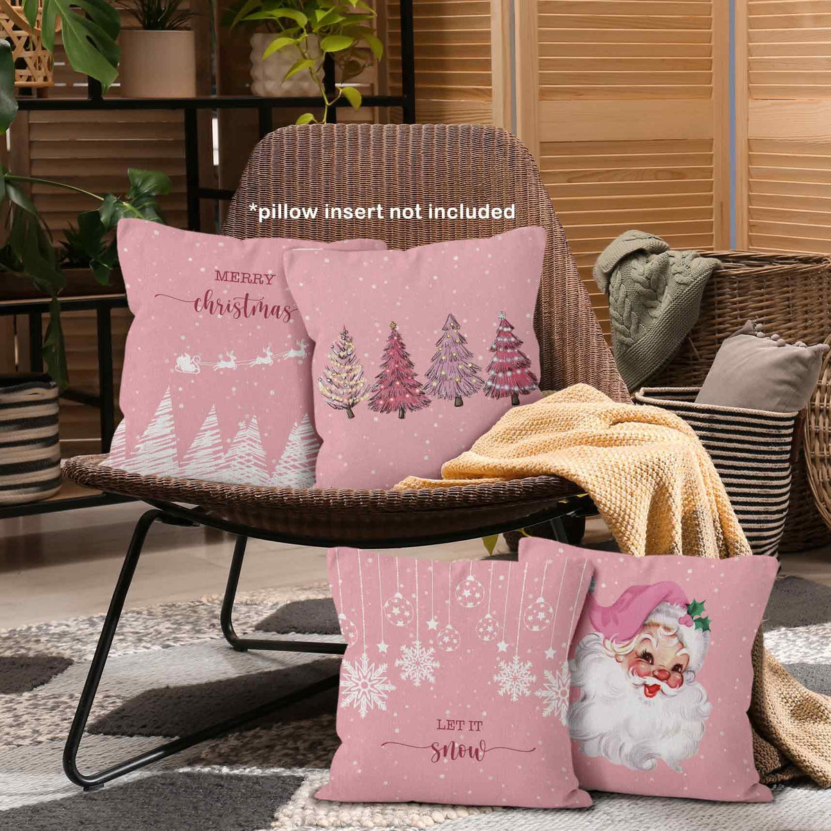 Pink Winter Christmas Throw Pillow Covers 18x18 Set of 4, Christmas Tree Santa Claus Home Decor Pillow Case