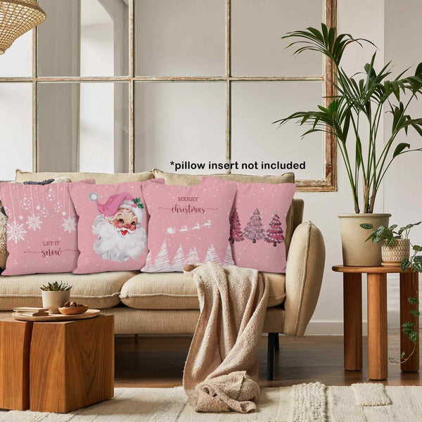 Pink Winter Christmas Throw Pillow Covers 18x18 Set of 4, Christmas Tree Santa Claus Home Decor Pillow Case