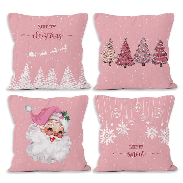 Pink Winter Christmas Throw Pillow Covers 18x18 Set of 4, Christmas Tree Santa Claus Home Decor Pillow Case