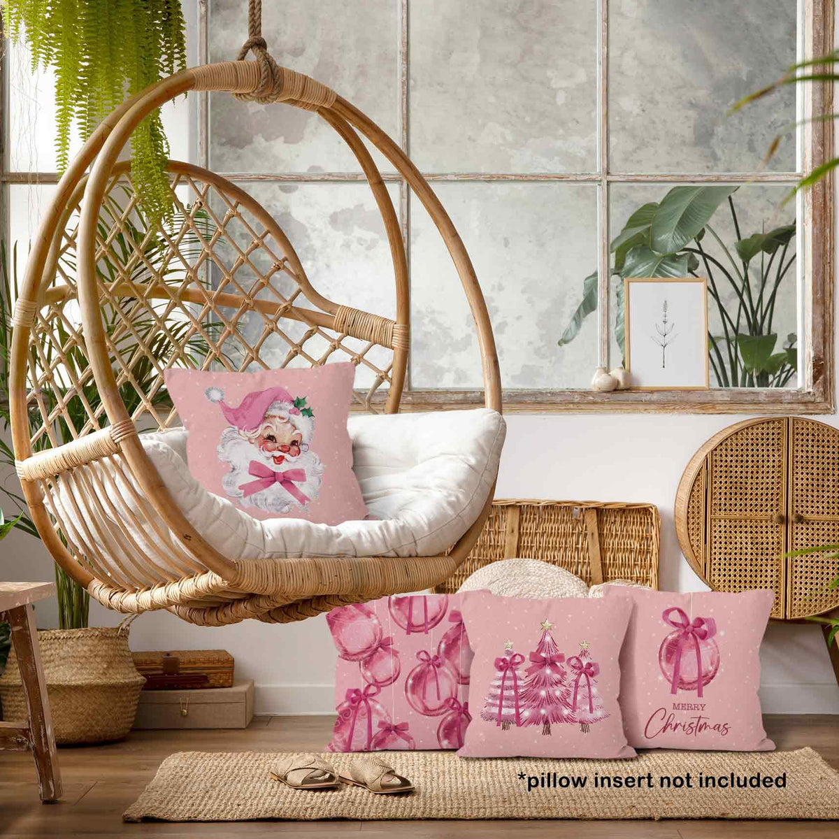 Pink Winter Christmas Coquette Bow Throw Pillow Covers 18x18 Set of 4, Christmas Tree Santa Claus Decor
