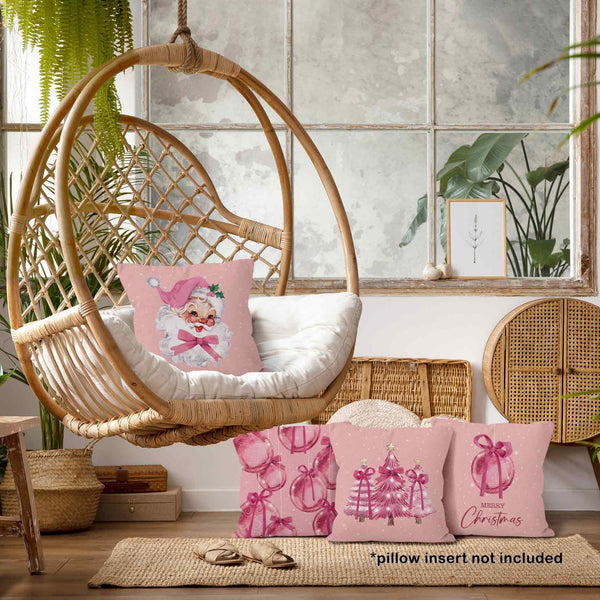 Pink Winter Christmas Coquette Bow Throw Pillow Covers 18x18 Set of 4, Christmas Tree Santa Claus Decor