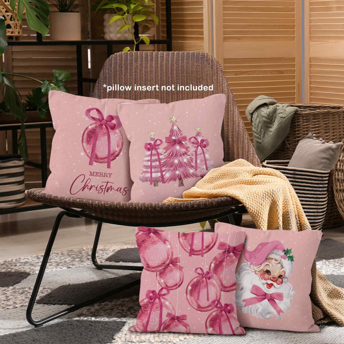 Pink Winter Christmas Coquette Bow Throw Pillow Covers 18x18 Set of 4, Christmas Tree Santa Claus Decor