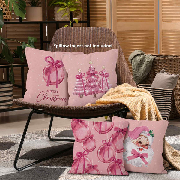 Pink Winter Christmas Coquette Bow Throw Pillow Covers 18x18 Set of 4, Christmas Tree Santa Claus Decor