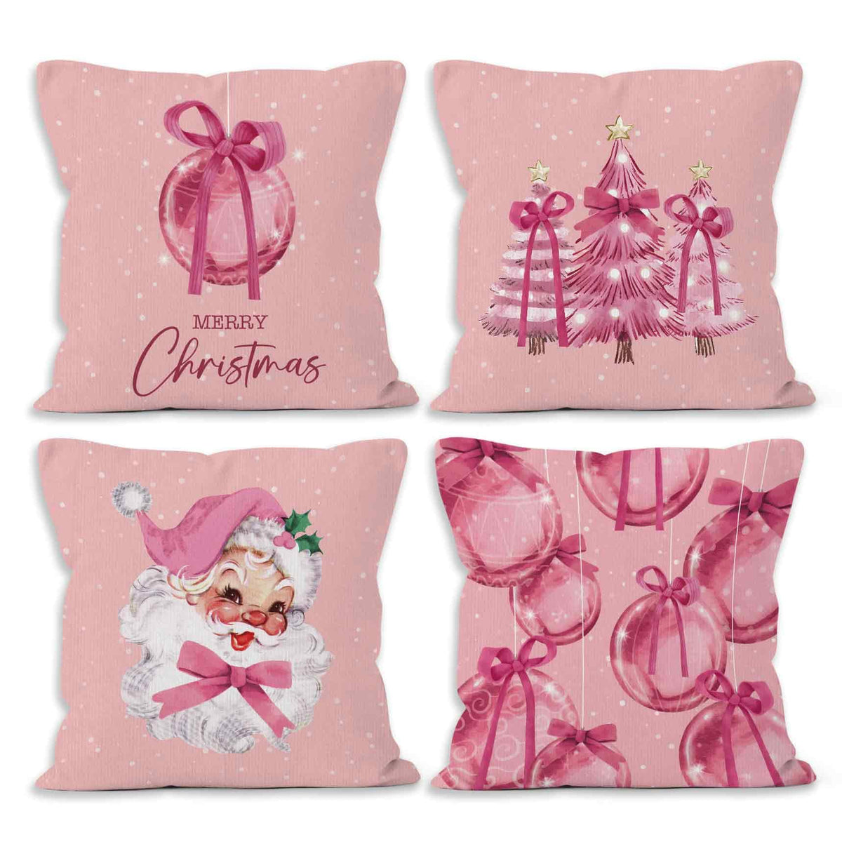 Pink Winter Christmas Coquette Bow Throw Pillow Covers 18x18 Set of 4, Christmas Tree Santa Claus Decor