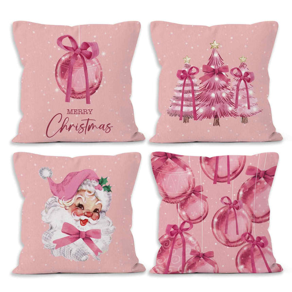 Pink Winter Christmas Coquette Bow Throw Pillow Covers 18x18 Set of 4, Christmas Tree Santa Claus Decor