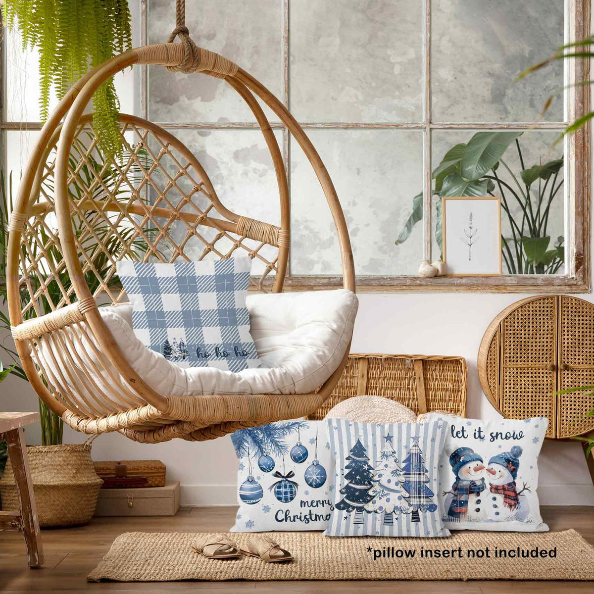 Blue Winter Christmas Throw Pillow Covers 18x18 Set of 4, Let It Snow Snowman Christmas Trees Decor Pillow Cases