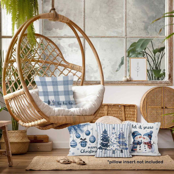 Blue Winter Christmas Throw Pillow Covers 18x18 Set of 4, Let It Snow Snowman Christmas Trees Decor Pillow Cases