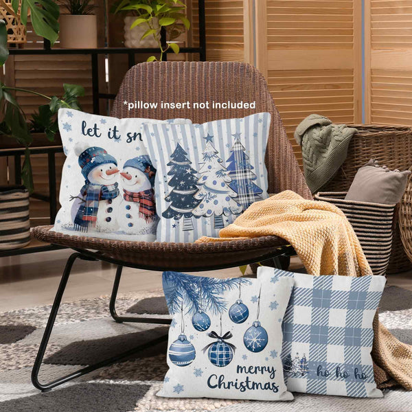 Blue Winter Christmas Throw Pillow Covers 18x18 Set of 4, Let It Snow Snowman Christmas Trees Decor Pillow Cases
