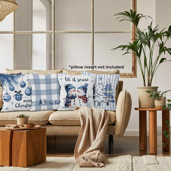 Blue Winter Christmas Throw Pillow Covers 18x18 Set of 4, Let It Snow Snowman Christmas Trees Decor Pillow Cases