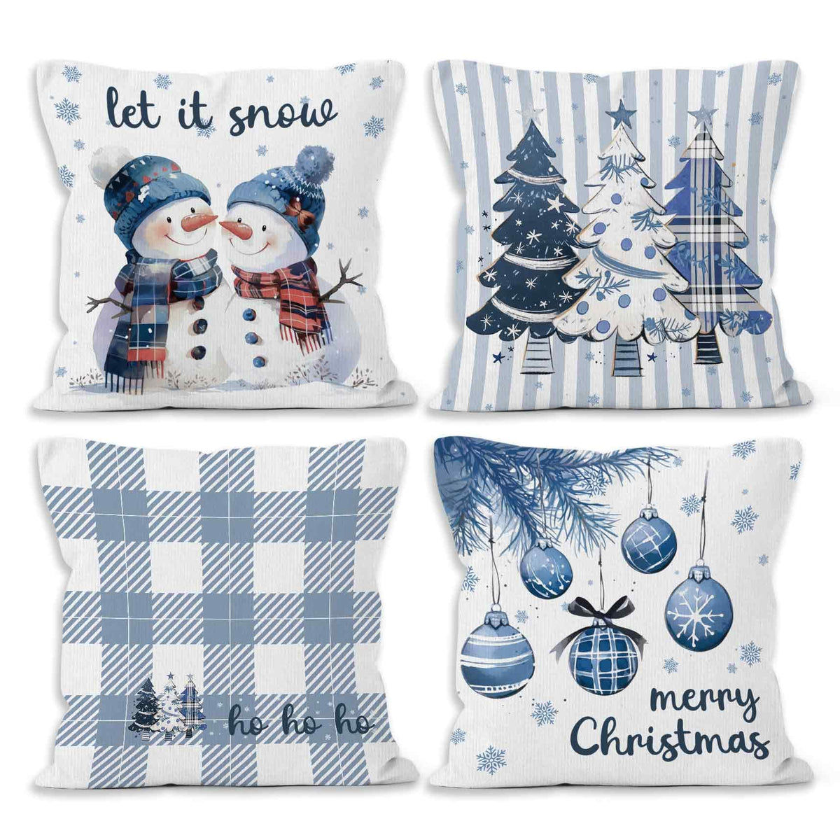 Blue Winter Christmas Throw Pillow Covers 18x18 Set of 4, Let It Snow Snowman Christmas Trees Decor Pillow Cases
