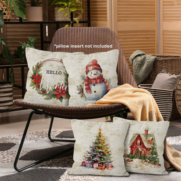 Vintage Winter Christmas Throw Pillow Covers 18x18 Set of 4, Snowman Christmas Tree Home Decor